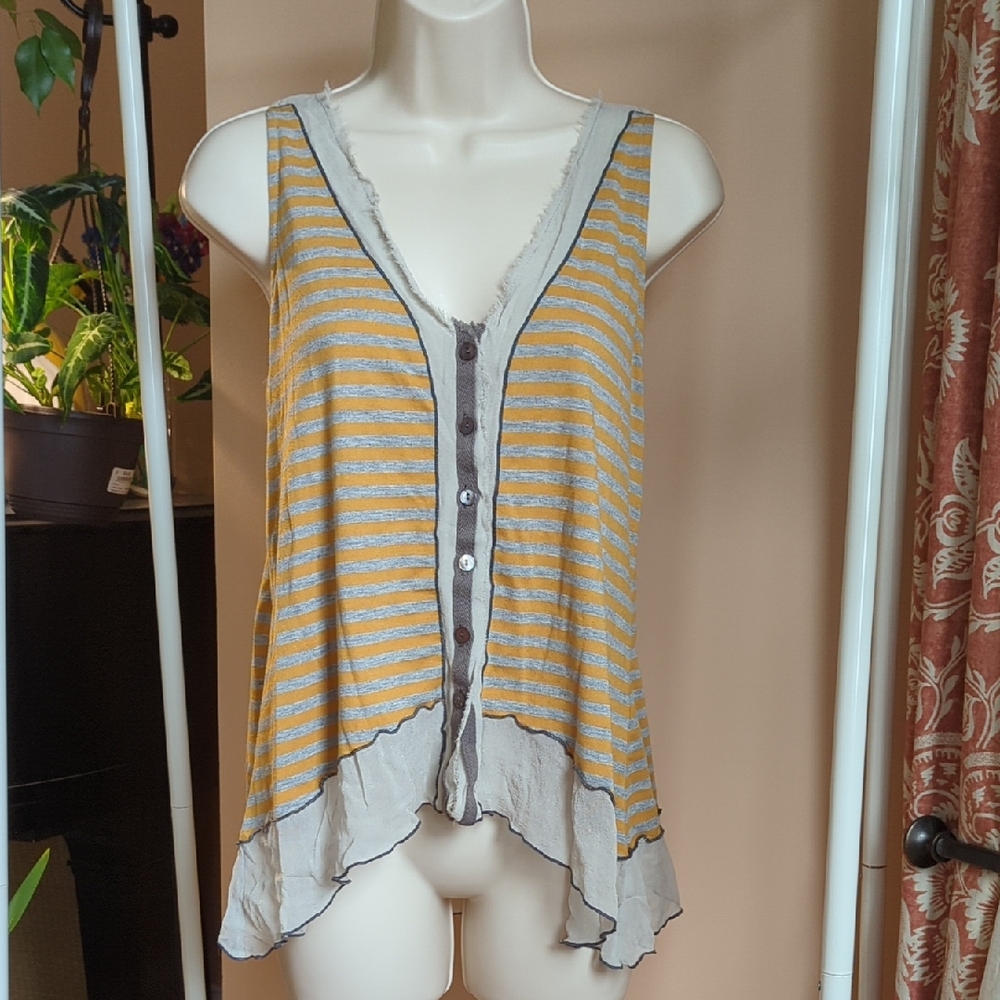 Frayed Edge Striped Button-Down Tank Top